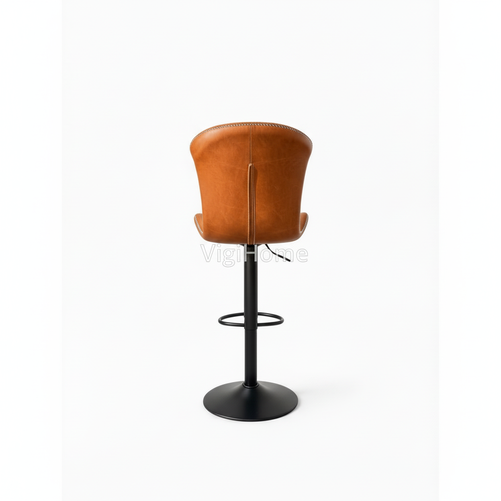 Tabouret de bar Monark cognac vue arrière, dossier surpiqûres blanches