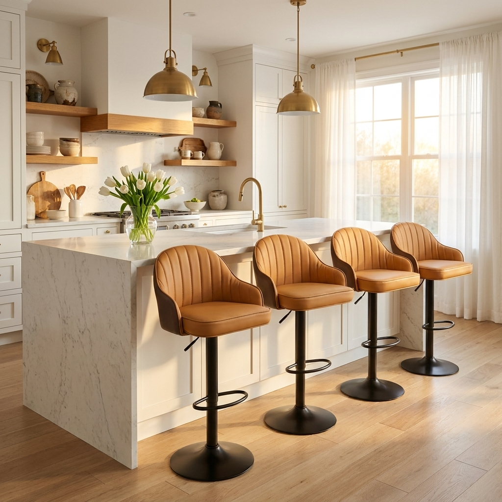 Tabouret Alpha Cognac — lot de 4 dans une cuisine claire à îlot marbre, lumière dorée