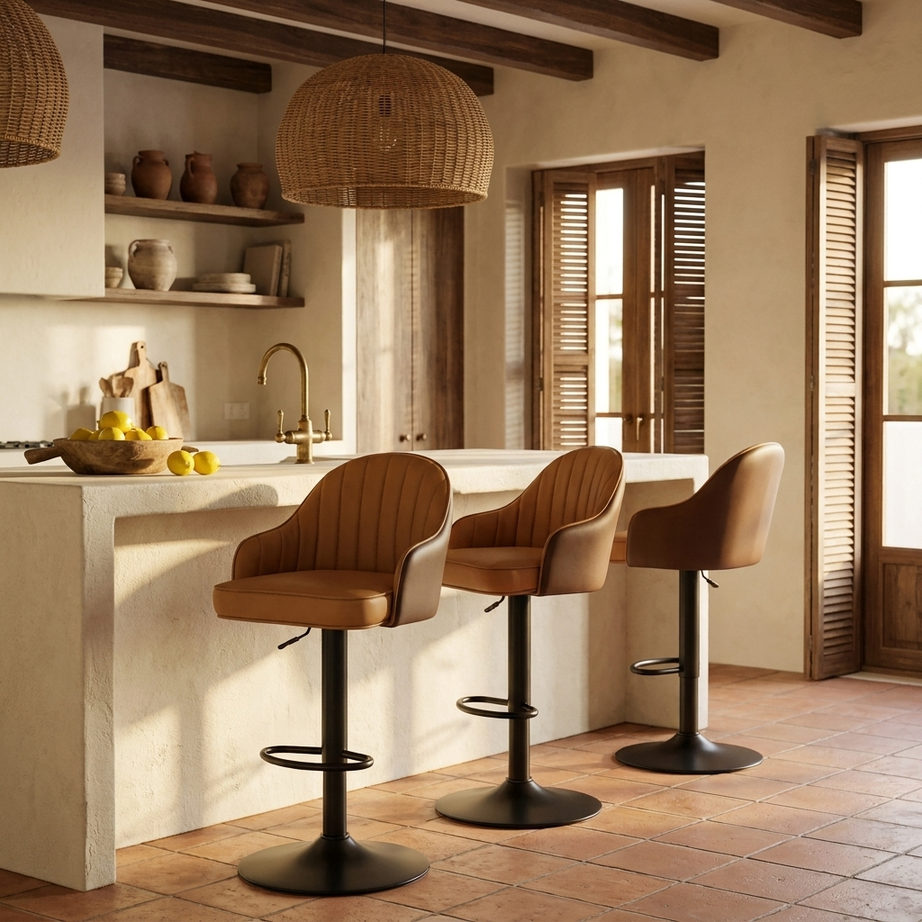 Tabouret Alpha Cognac dans une cuisine méditerranéenne en terre cuite