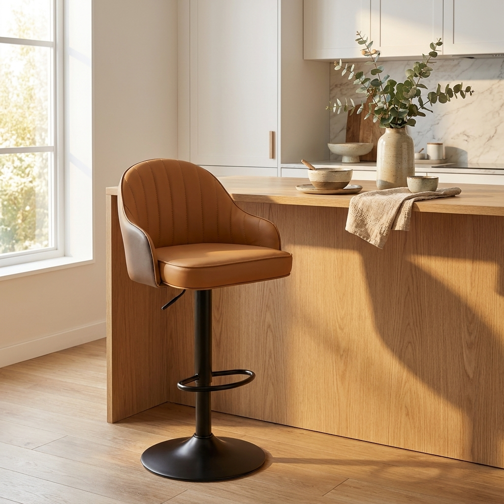 Tabouret Alpha Cognac à un îlot de cuisine scandinave, lumière du matin