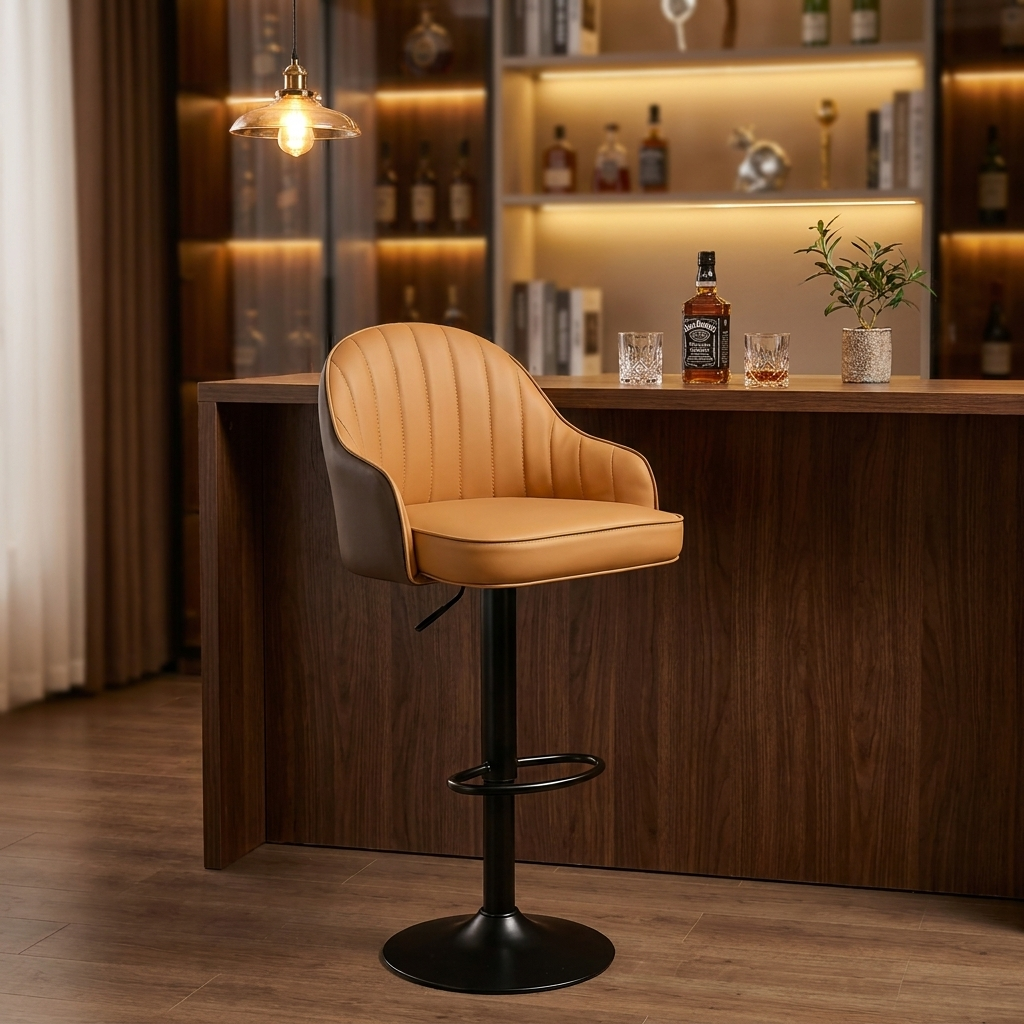 Tabouret Alpha Cognac dans un coin bar maison, ambiance chaude