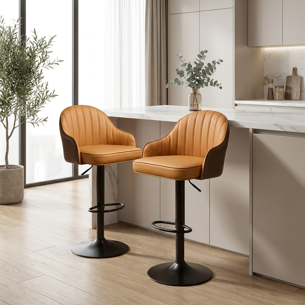 Deux tabourets Alpha Cognac à un îlot de cuisine minimaliste lumineux