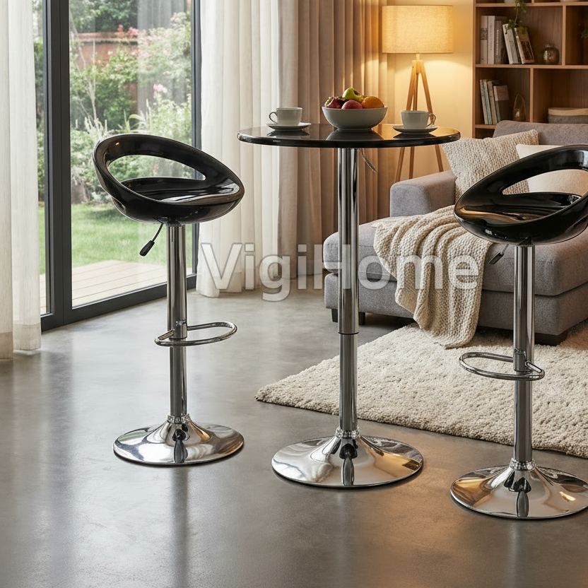 Set bar scandinave — tabourets rembourrés et table ronde