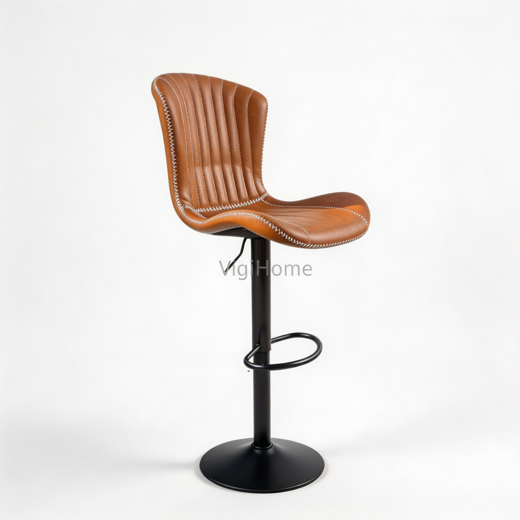 Tabouret de bar Monark cuir PU cognac avec dossier surpiqûres blanches, pied métal noir, Vigihome Maroc
