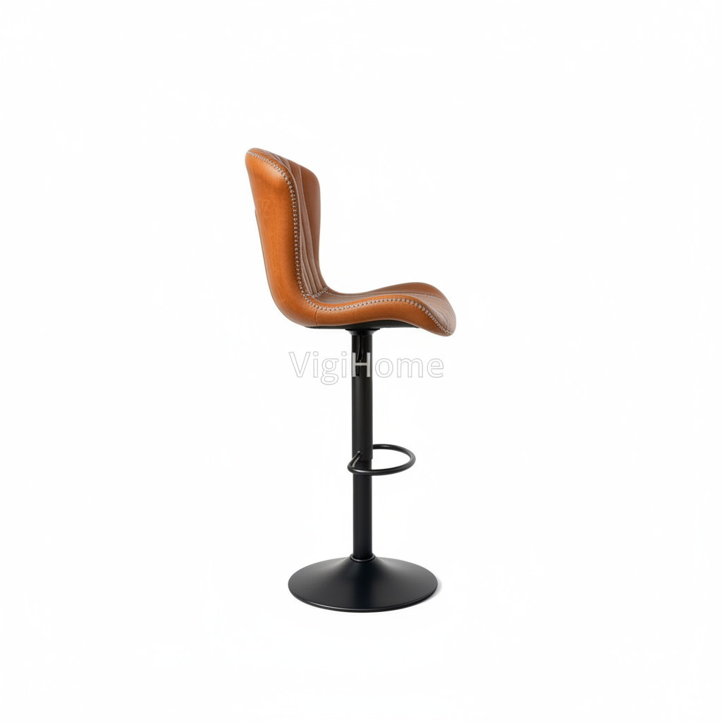Tabouret de bar Monark cognac vue de profil, base métal noir rotative 360°