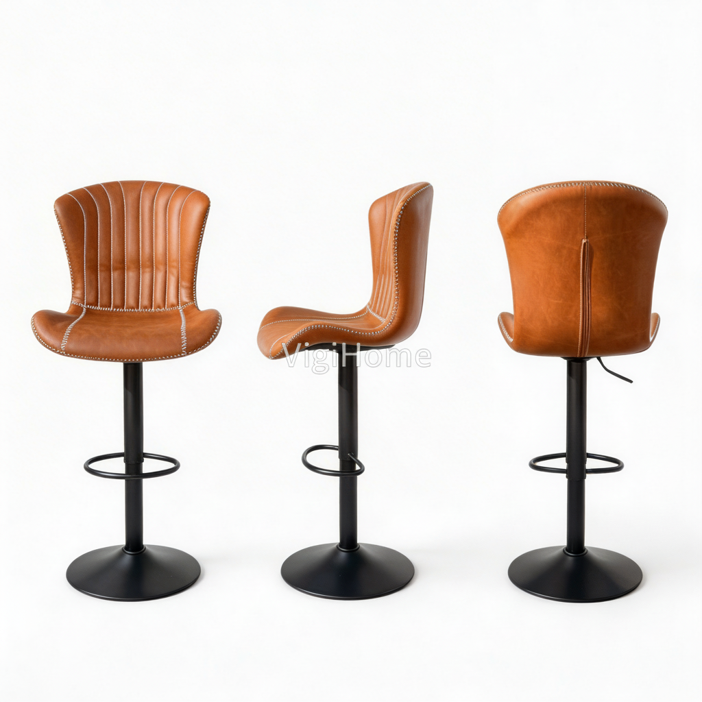 Tabouret de bar Monark cognac — détail assise simili cuir surpiqûres blanches