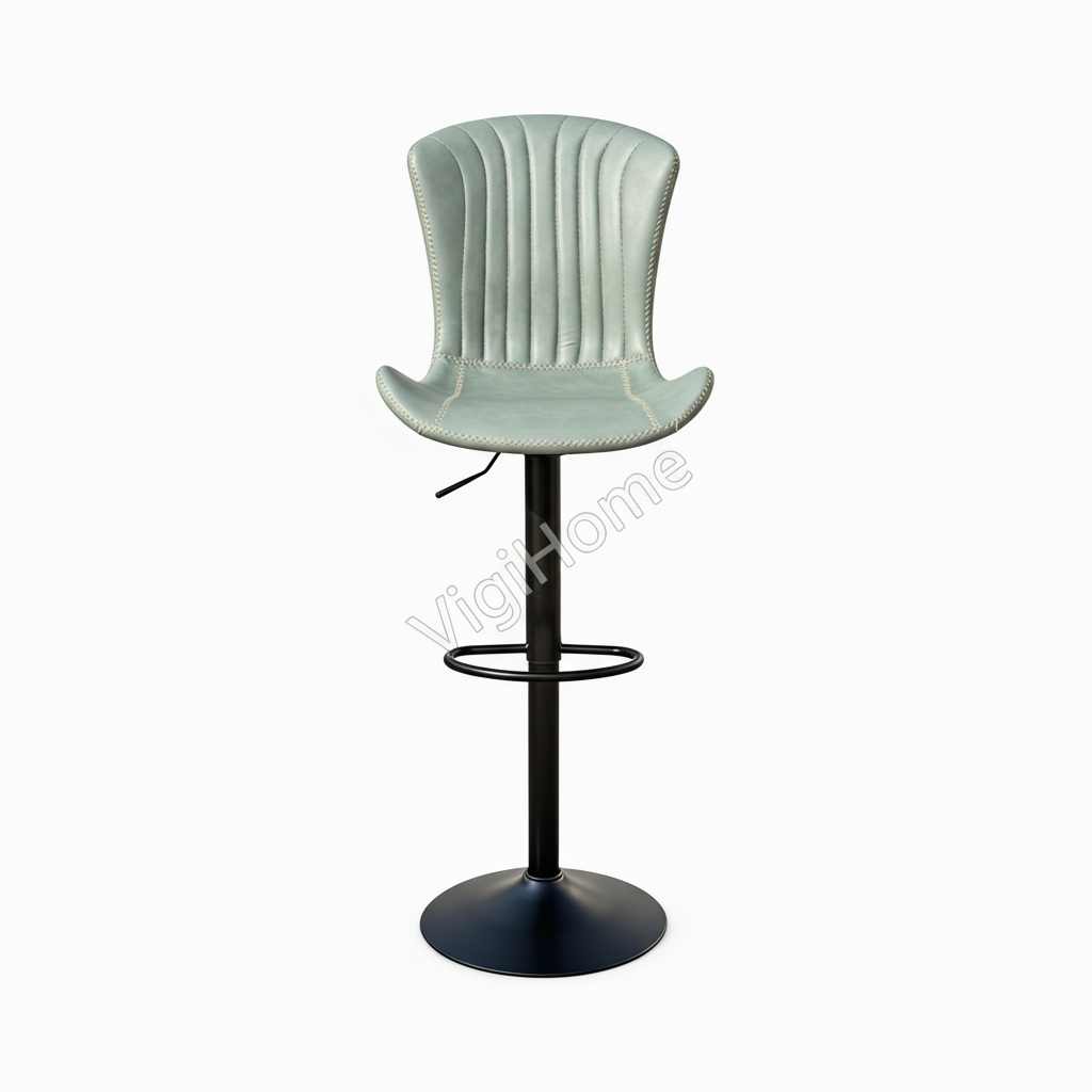 Tabouret de bar Monark vert sauge vue de face, assise rembourrée